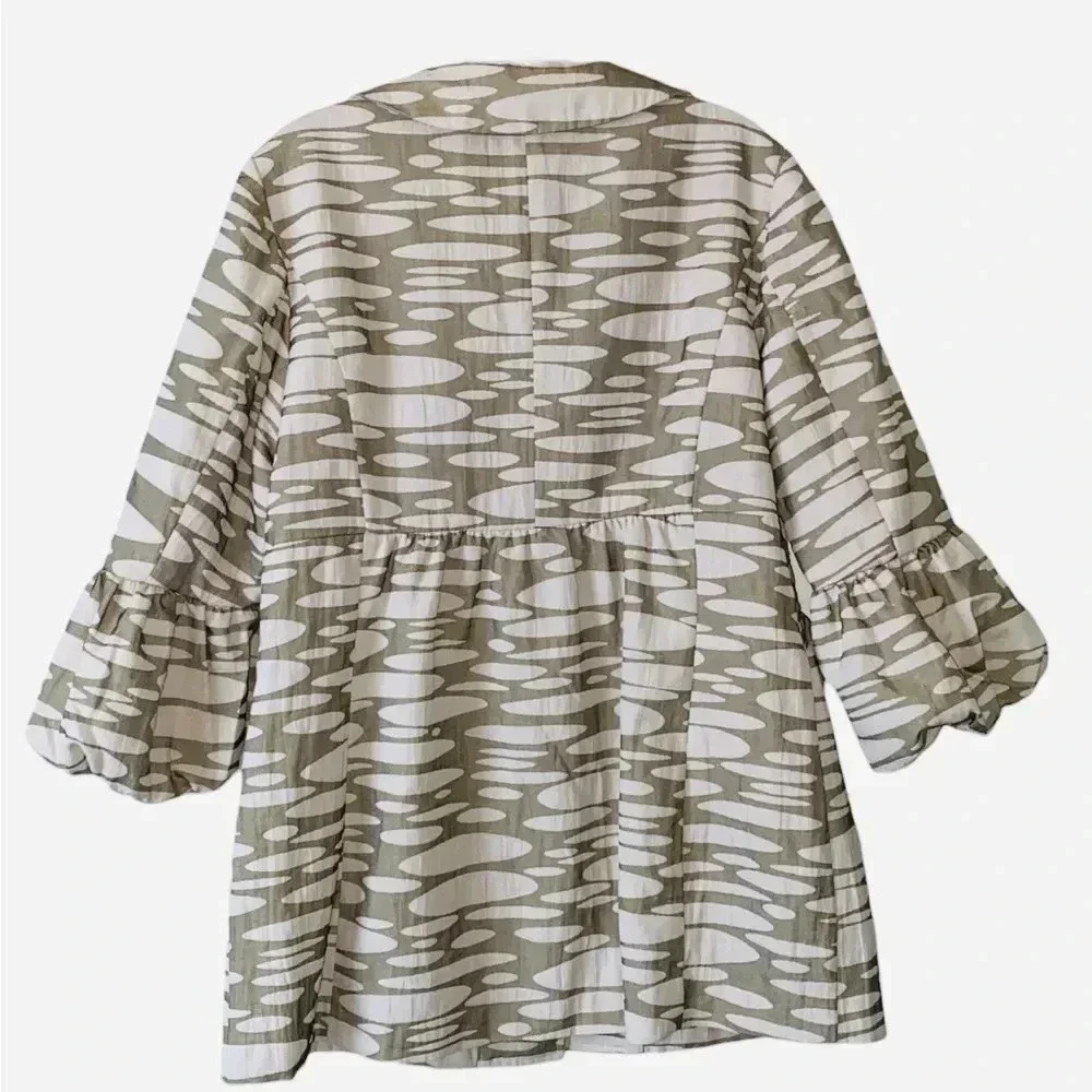 MAC & JAC* Sage & Ivory Animal Print Jacket Peplum Style 3/4 Puffy Sleeves Sz 10 - Picture 2 of 10